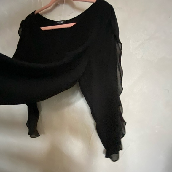 Flutter sleeve lined crepe/organza Black blouse, Size XL - Picture 5 of 11